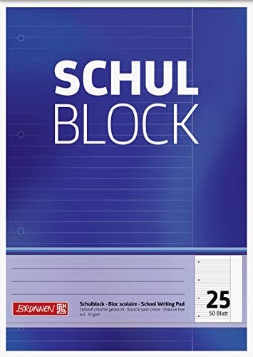 Brunnen 1052525 Schulblock/Notizblock (A4, 50 Blatt, Liniert, mit Rand, Lineatur 25, gelocht, kopfverleimt, 70 g/m²) von BRUNNEN