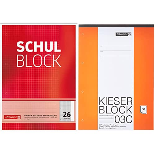 Brunnen 1052526 Schulblock/Notizblock (A4, 50 Blatt, kariert, mit Rand, Lineatur 26, gelocht, kopfverleimt, 70 g/m²) & 1042923 KIESER-Block Lineatur 3 (A4, 50 Blatt, blanko, 80 g/m², Klasse 3) von BRUNNEN