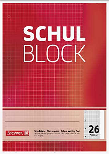 Brunnen 1052526 Schulblock/Notizblock (A4, 50 Blatt, kariert, mit Rand, Lineatur 26, gelocht, kopfverleimt, 70 g/m²) von BRUNNEN