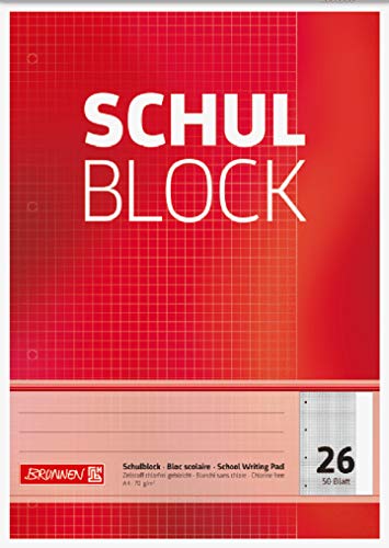 Brunnen 1052526 Schulblock / Notizblock (A4, 50 Blatt, kariert, mit Rand, Lineatur 26, gelocht, kopfverleimt, 70 g/m²) von Brunnen