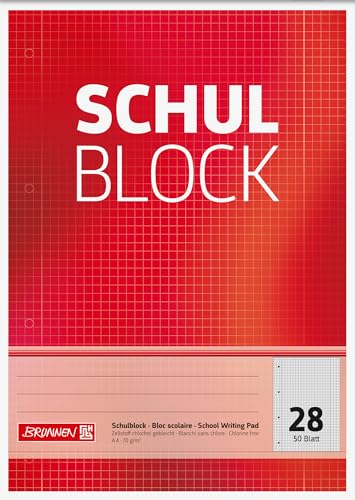 Brunnen 1052528 Schulblock / Notizblock (A4, 50 Blatt, kariert, mit Randlinien, Lineatur 28, gelocht, kopfverleimt, 70 g/m²) von BRUNNEN