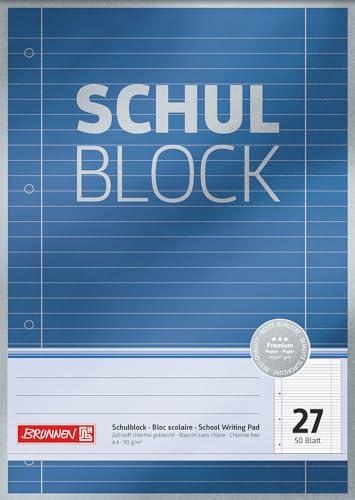 Brunnen Schulblock / Notizblock Premium (A4, 50 Blatt, liniert, mit Randlinien, Lineatur 27, gelocht, kopfverleimt, 90 g/m²) von Brunnen