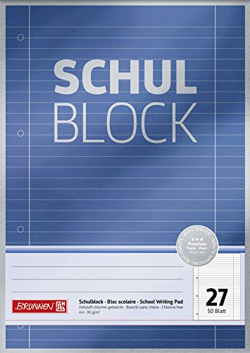 Brunnen Schulblock / Notizblock Premium (A4, 50 Blatt, liniert, mit Randlinien, Lineatur 27, gelocht, kopfverleimt, 90 g/m²) von Brunnen