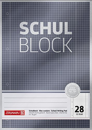 Brunnen Schulblock / Notizblock Premium (A4, 50 Blatt, kariert, mit Randlinien, Lineatur 28, gelocht, kopfverleimt, 90 g/m²) von Brunnen