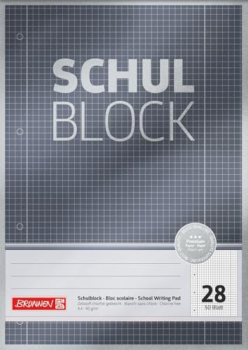 Brunnen Schulblock / Notizblock Premium (A4, 50 Blatt, kariert, mit Randlinien, Lineatur 28, gelocht, kopfverleimt, 90 g/m²) von Brunnen