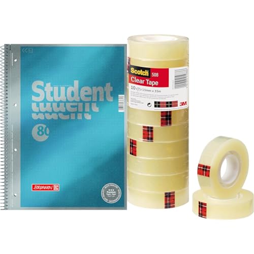 Brunnen 1067147 Notizblock/Collegeblock Dotted Premium Deckblatt, 1 Stück cyan-metallic & Scotch Transparentes Klebeband 508-10 Rollen von BRUNNEN