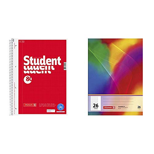 Brunnen 106783201 Notizblock/Collegeblock kariert A4 Student (80 Blatt, Recycling Engel) & 104492602 Schulheft A4 (16 Blatt, 5 mm kariert, mit Rand, Lineatur 26) von BRUNNEN