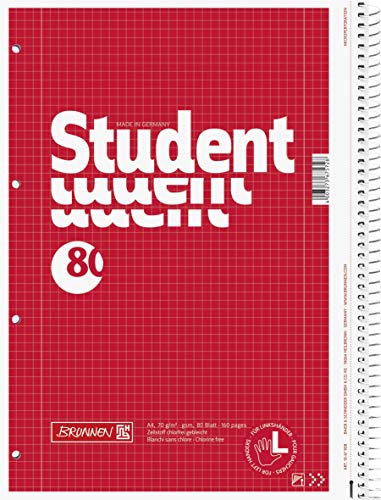 Brunnen 1067908 Notizblock / Collegeblock Student (für Linkshänder, A4, kariert, Lineatur 28, 70 g/m², 80 Blatt, mit Spirale rechts) 5 Stück von BRUNNEN