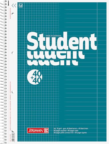 BRUNNEN Collegeblock Student „DUO“ | A4, kariert/liniert, 80 Blatt, petrol von BRUNNEN