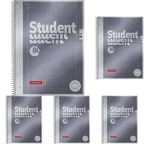 Brunnen Notizblock/Collegeblock (Student Premium, 4-fach- gelocht (Veredeltes DeckBlatt mit Metallic-Effekt, A4, kariert Lineatur 28, 90 g/m²) 80 Blatt) (Packung mit 5) von Brunnen