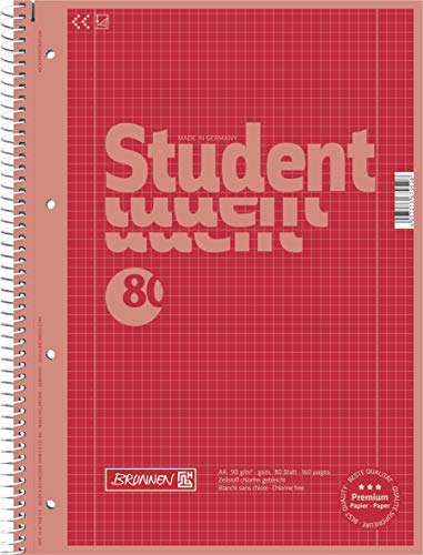Brunnen Notizblock/Collegeblock Student Colour Code (A4 kariert, Lineatur 28, 90 g/m², 80 Blatt) (Rot | 5er Pack) von Brunnen