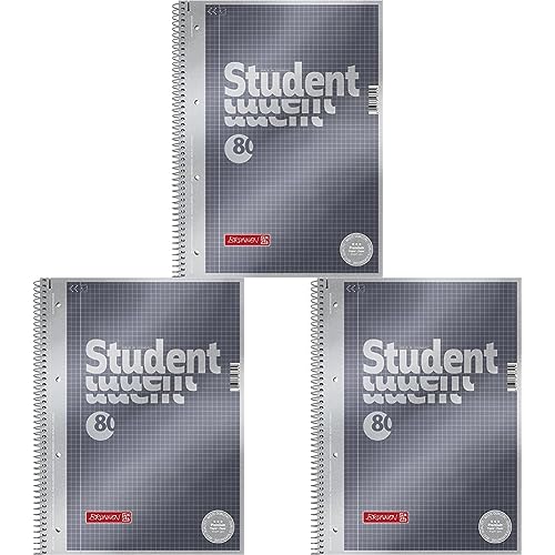 Brunnen Notizblock/Collegeblock Student Premium, 4-fach-gelocht (Veredeltes DeckBlatt mit Metallic-Effekt, A4, kariert, 90 g/m², 80 Blatt) (Packung mit 3) von Brunnen