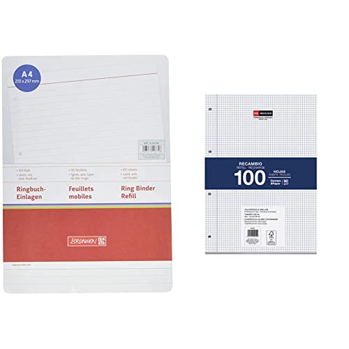 Brunnen Ringbucheinlagen A4 100Blatt liniert, weiß & Miquelrius Nachfüllpackung, 100 Blatt, kariert 4 mm und Rand. A4-Format, 4 Löcher, Papier 90 g. von BRUNNEN