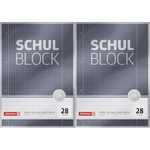 Brunnen Schulblock/Notizblock Premium (A4, 50 Blatt, kariert, mit Randlinien, Lineatur 28, gelocht, kopfverleimt, 90 g/m²) (Packung mit 2) von BRUNNEN