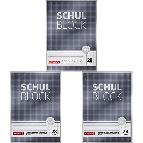 Brunnen Schulblock/Notizblock Premium (A4, 50 Blatt, kariert, mit Randlinien, Lineatur 28, gelocht, kopfverleimt, 90 g/m²) (Packung mit 3) von BRUNNEN