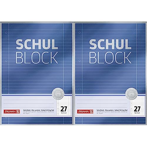 Brunnen Schulblock/Notizblock Premium (A4, 50 Blatt, liniert, mit Randlinien, Lineatur 27, gelocht, kopfverleimt, 90 g/m²) (Packung mit 2) von BRUNNEN