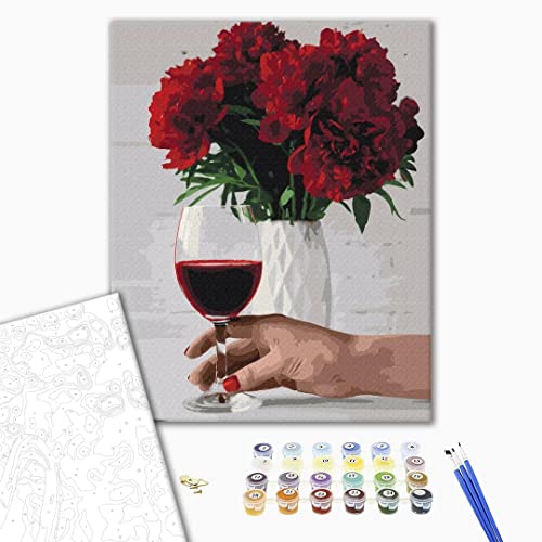 Brushme Malen nach Zahlen Erwachsene mit Rahmen 40x50 cm, Blumen Pfingstrosen mit Wein inklusive Pinsel und Acrylfarbe von Brushme