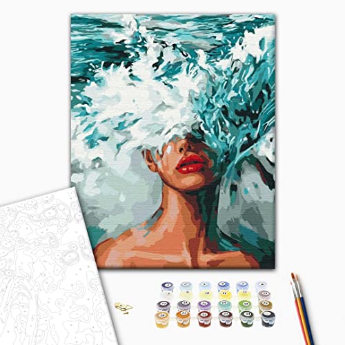 Brushme Malen nach Zahlen Erwachsene mit Rahmen 40x50 cm, Pop Art Wellen Frau inklusive Pinsel und Acrylfarbe von Brushme
