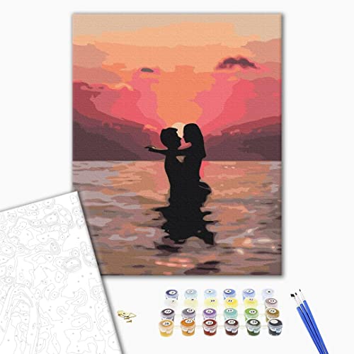 Brushme Malen nach Zahlen Set - 40x50 cm Leinwand - Mit Acrylfarben, 3 Profi-Pinseln & Anleitung (In love at sunset, 40x50cm (mit Rahmen - bereits gespannt)) von Brushme