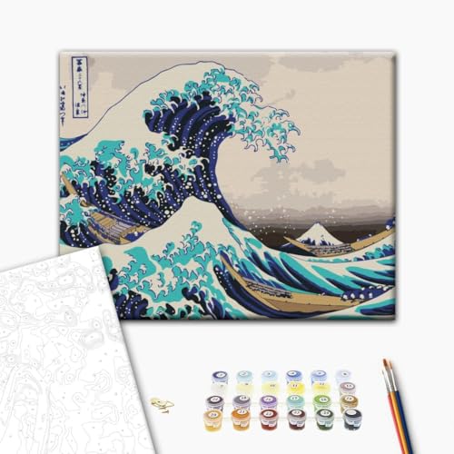 Brushme Malen nach Zahlen Set - 40x50 cm Leinwand ohne Rahmen - Mit Acrylfarben, 3 Profi-Pinseln & Anleitung (Hokusai - The Great Wave off Kanagawa, 40x50cm (mit Rahmen - bereits gespannt)) von Brushme