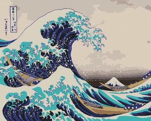Brushme Malen nach Zahlen Set - 40x50 cm Leinwand ohne Rahmen - Mit Acrylfarben, 3 Profi-Pinseln & Anleitung (Hokusai - The Great Wave off Kanagawa, 40x50cm (ohne Rahmen)) von Brushme