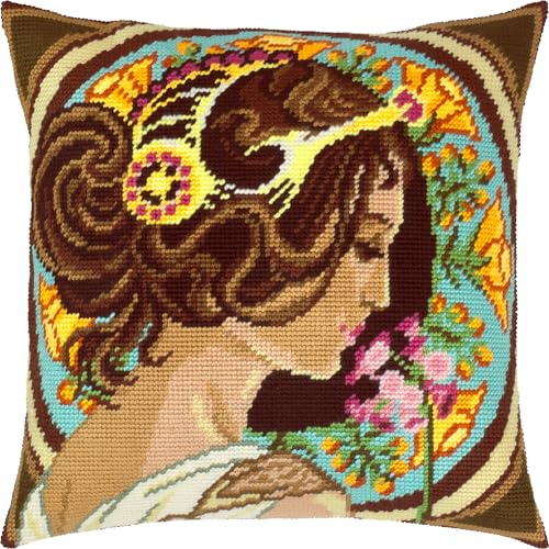 Brvsk Art-Noveau Stickset für Erwachsene und Anfänger, Primel von Alphonse Mucha, 40,6 x 40,6 cm, mit klarem, präzisem Druckdesign auf Baumwollleinwand; inklusive 2 Nadeln, Garn und gut lesbarer von Brvsk