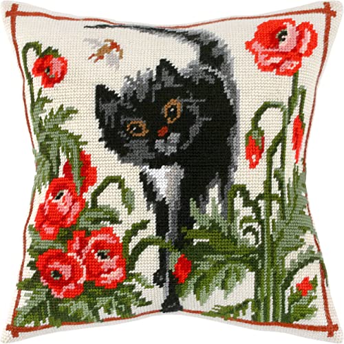 Brvsk Ferine Nadelspitzen-Set für Erwachsene und Anfänger – Eine Katze in Mohnblumen, 40,6 x 40,6 cm mit klarem, präzisem gedrucktem Design auf Baumwollleinwand; inklusive 2 Nadeln, Garn und gut von Brvsk
