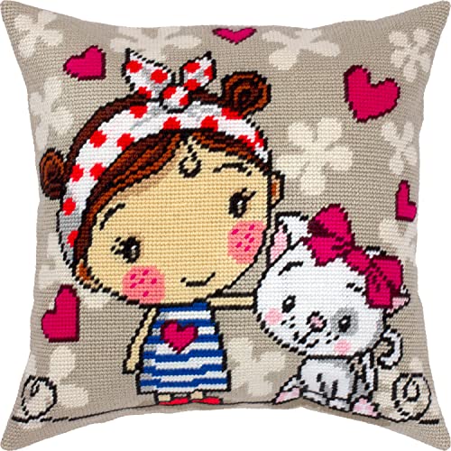 Ein Mädchen und ein Kätzchen. Nadelspitzen-Set. Wurfkissen, 40,6 x 40,6 cm. Bedruckte Leinwand, europäische Qualität Ein Mädchen und ein Kätzchen. Nadelspitzen-Set. Wurfkissen, 40,6 x 40,6 cm. Bedruckte Leinwand, europäische Qualität von Brvsk