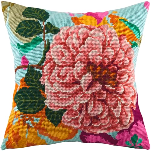 Kreuzstich-Set mit Blumenprägung für Erwachsene und Anfänger, Teerose, 40,6 x 40,6 cm, mit klarem, präzisem Druckdesign auf Baumwoll-Leinwand; inklusive 2 Nadeln, Garn und gut lesbarer Tabelle von Brvsk