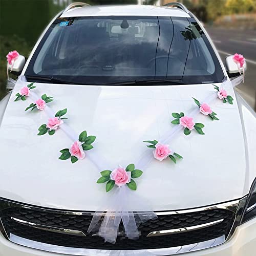 Autoschmuck Hochzeit Motorhaube, Hochzeitsdeko Auto Prächtige Set (mit 2 Autoschleifen Hochzeit Schleife + 9 Blumen) Deko Hochzeit für Alle Automodelle Schleife Herz Vintage Girlande Starkem Saugnapf von Bseical