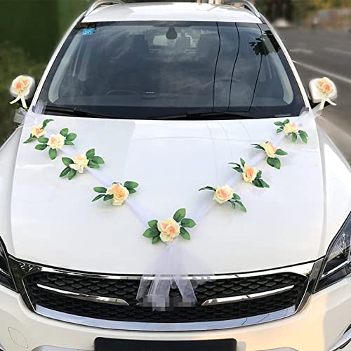 Autoschmuck Hochzeit Motorhaube, Hochzeitsdeko Auto Prächtige Set (mit 2 Autoschleifen Hochzeit Schleife + 9 Blumen) Deko Hochzeit für Alle Automodelle Schleife Herz Vintage Girlande Starkem Saugnapf von Bseical