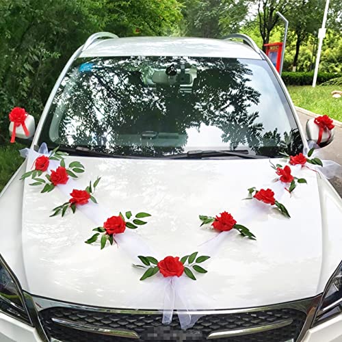 Autoschmuck Hochzeit Motorhaube, Hochzeitsdeko Auto Prächtige Set (mit 2 Autoschleifen Hochzeit Schleife + 9 Blumen) Deko Hochzeit für Alle Automodelle Schleife Herz Vintage Girlande Starkem Saugnapf von Bseical