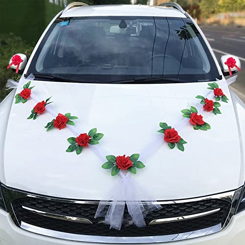 Autoschmuck Hochzeit Motorhaube, Hochzeitsdeko Auto Prächtige Set (mit 2 Autoschleifen Hochzeit Schleife + 9 Blumen) Deko Hochzeit Alle Automodelle Schleife Herz Vintage Girlande Starkem Saugnapf von Bseical