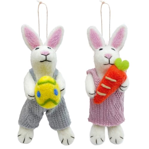 Bseical 2 StüCk Osterhasen Deko, Osterdeko, Osterhase Deko Aus Filz, Ostern Dekoration, 15cm Hasen PäRchen, Osterhasen Mit Karotte Und Osterei, Grau/Rosa von Bseical