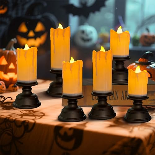 Bseical Halloween Deko Led Kerzen 6er Set, Lichterkette Flackernde, Flammenlose Halloween Party Tisch Deko Outdoor mit OrangefarbenemLicht für WeihnachtenThanksgiving von Bseical