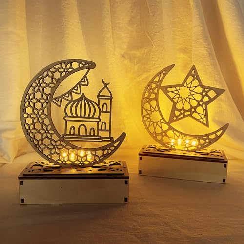 Ramadan Deko Holz, Eid Mubarak Dekoration Led, Islam Deko Tisch, Led Ramadan Lamps, Islamische Dekoration Ramadan, Eid Mubarak Nachtlicht Sterne, Mond Und Moschee Licht Nachttischlampe 2er Set -A von Bseical
