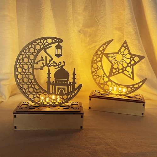 Ramadan Deko Holz, Eid Mubarak Dekoration Led, Islam Deko Tisch, Led Ramadan Lamps, Islamische Dekoration Ramadan, Eid Mubarak Nachtlicht Sterne, Mond Und Moschee Licht Nachttischlampe 2er Set -B von Bseical