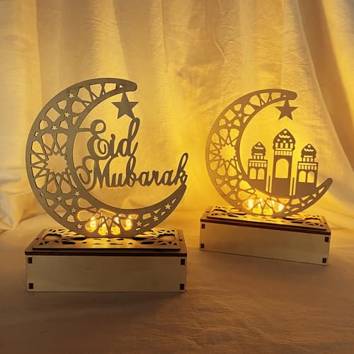 Ramadan Deko Holz, Eid Mubarak Dekoration Led, Islam Deko Tisch, Led Ramadan Lamps, Islamische Dekoration Ramadan, Eid Mubarak Nachtlicht Sterne, Mond Und Moschee Licht Nachttischlampe 2er Set -C von Bseical