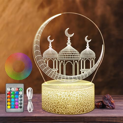 Ramadan Dekoration Lichter, Eid Mubarak Licht Mondlampe, Ramadan Deko Lampe Mond und Stern, Ramadan Mubarak Dekoration, Nachttischlampe Kabellos Touch LED Lamp Dimmbar 3D mit Fernbedienung (A Palast) von Bseical