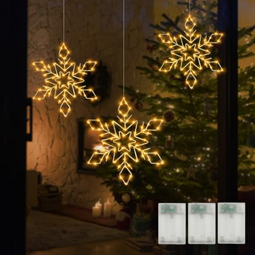 Weihnachtsbeleuchtung Fenster 3 Stück,LED Schneeflocken Weihnachtsdeko Deko Weihnachten,Schneeflocke Weihnachtsstern Fenster Tür, Lichterkette Fensterdeko Weihnachtsdeko Innen Außen für Party,Balkon von Bseical