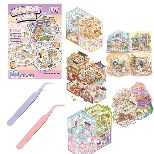 22 Stück DIY-Aufkleber, 3D Miniatur Haus Sticker, Hausaufkleber 3D Miniature Scene Stickers, Miniatur Haus Sticker 3D Mit Pinzette, Aufkleber Scene Selbermachen Von Kaffeehaus (A) (B) von Bssowe