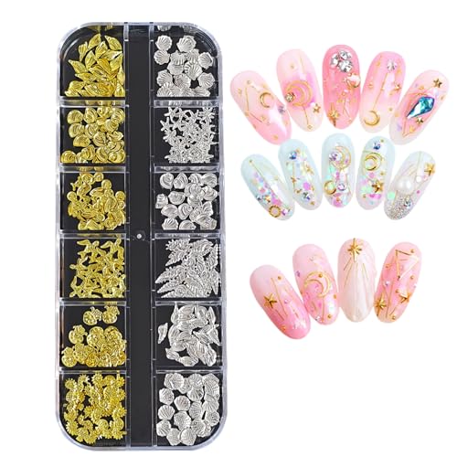 Sommer Muschel Nagelkunst Charms, Fingernagel-Dekoration, Gold Strand Ozeannieten Nagelschmuck, Ozean Thema Nagel Steinchen für Frauen Acryl Nagel Ozean, Nail Art für Nageldesign Zubehör (C) von Btsozer
