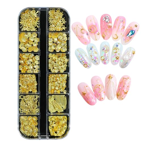 Sommer Muschel Nagelkunst Charms, Fingernagel-Dekoration, Gold Strand Ozeannieten Nagelschmuck, Ozean Thema Nagel Steinchen für Frauen Acryl Nagel Ozean, Nail Art für Nageldesign Zubehör (D) von Btsozer