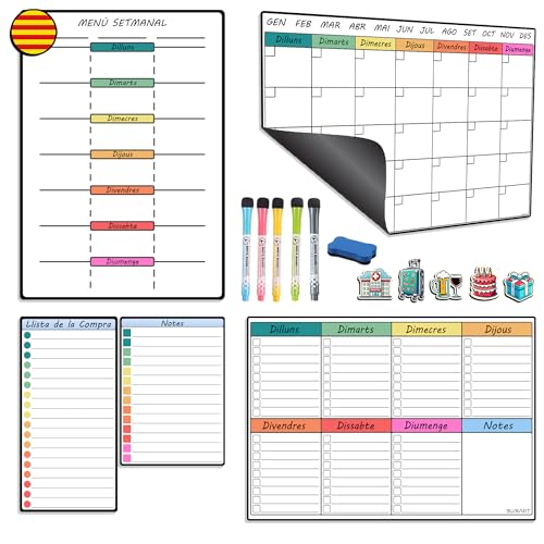 En Catalá - Magnettafel - 5-teiliges Set mit magnetischem Kalender, Kühlschrank, Wochenmenü, Notiz- und Einkaufsliste - Wochenplaner mit 6 Stiften und Radiergummi En Catalá - Magnettafel - 5-teiliges Set mit magnetischem Kalender, Kühlschrank, Wochenmenü, Notiz- und Einkaufsliste - Wochenplaner mit 6 Stiften und Radiergummi von BuMart