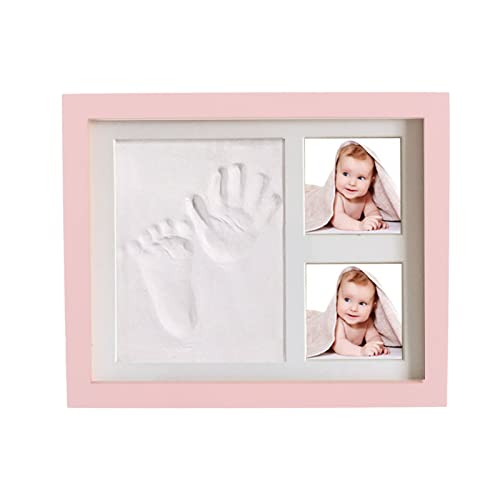 Buachois Holz Bilderrahmen Baby Handabdruck Fußabdruck Maker Kit, 3 Gitter Weißer Schlamm DIY Baby Fußabdruck Andenken Neugeborenen Abdruck Set Foto Bild Display Halter(Rosa) von Buachois