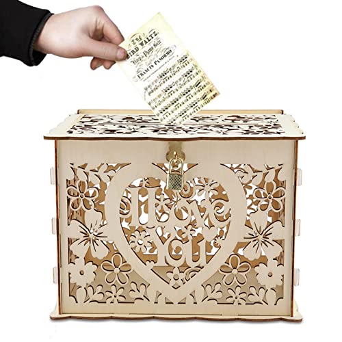 Hochzeit Geschenkkarten Box, DIY Hohle Hochzeitskarten Box mit Schlitz und Schloss, Holz Deko Geldbox Geschenk Karten Kiste für Empfang, Hochzeitstag, Babyparty, Geburtstag, Abschlussfeier von Buachois