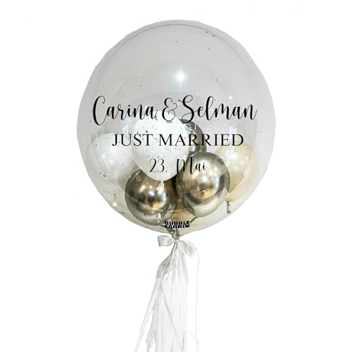 Just Married - Bubble Fabrik - Personalisiertes Ballongeschenk: Durchsichtiger Heliumballon mit Bunten Ballons, Geschenk zur Hochzeit, Hochzeitsmitbringsel von Bubble Fabrik
