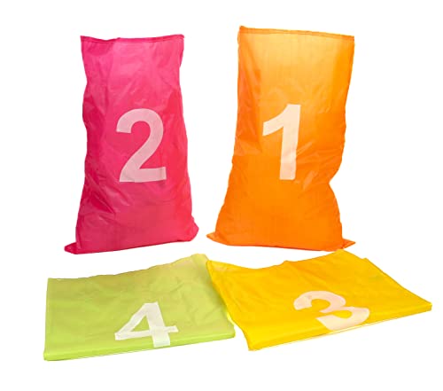 Sackhüpfen, 4 Hüpfsäcke in leuchtenden Farben mit Start-Nummer, 2 Bänder für Start- und Ziellinie, Größe pro Sack (HxB) ca. 69 x 46 cm von Bubble Store