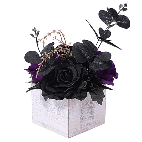 Halloween-Tischdekoration, Gothic-schwarze Blumen mit Holzbox, florale Tafelaufsätze für Tische, künstliche schwarze Rosen in abgenutzter Vase für Zuhause, Tischdekoration, Halloween-Dekor Halloween-Tischdekoration, Gothic-schwarze Blumen mit Holzbox, florale Tafelaufsätze für Tische, künstliche schwarze Rosen in abgenutzter Vase für Zuhause, Tischdekoration, Halloween-Dekor von Bubbleimage