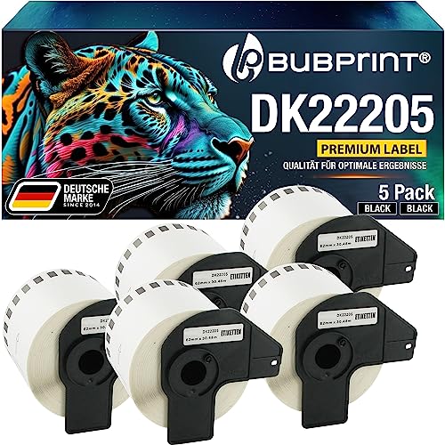 Bubprint 22205 5 Etiketten kompatibel als Ersatz für Brother DK-22205 für P-Touch QL-1110NWB QL800 QL700 QL570 QL-820NWB QL-810W QL710 QL600 QL500 QL1100 QL710W QL720NW QL560 QL1050 QL1060 QL550 von Bubprint